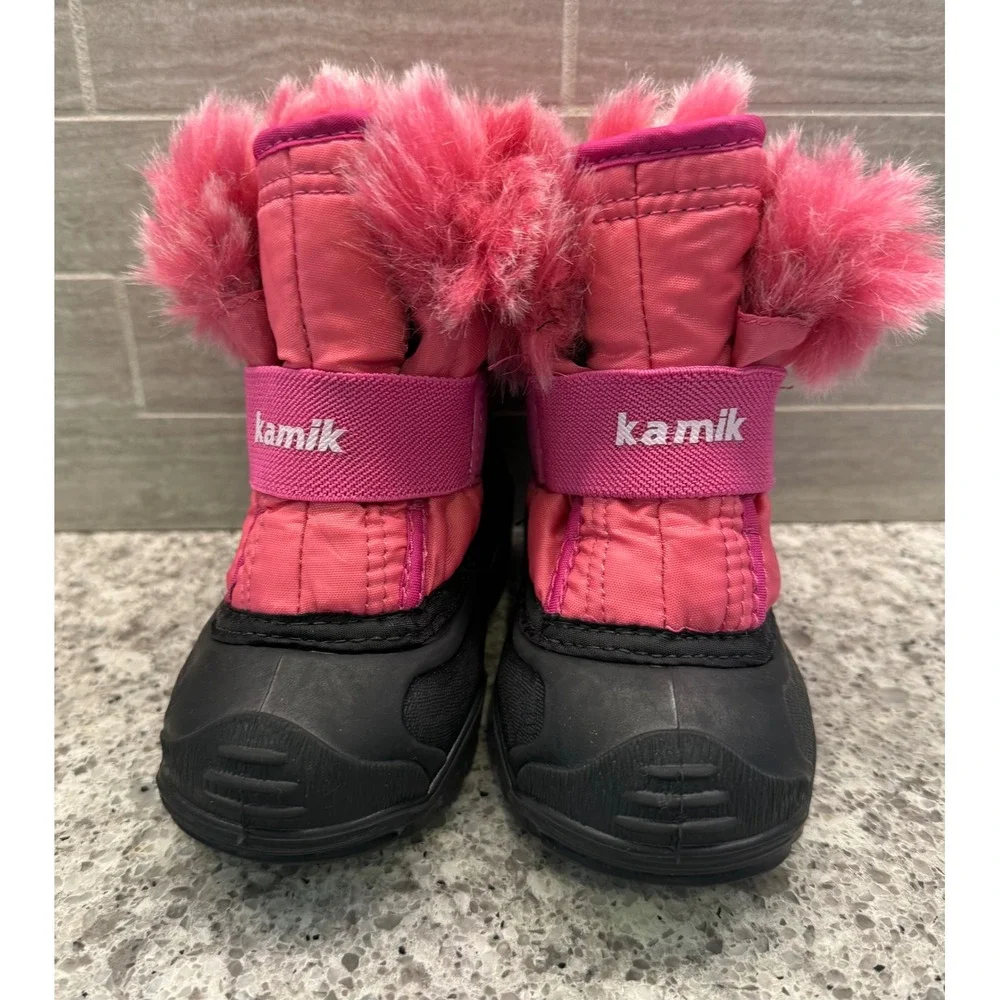 Kamik Kids Pink Black Faux Fur Trim Waterproof Winter Snow Boots Size 7 Toddler